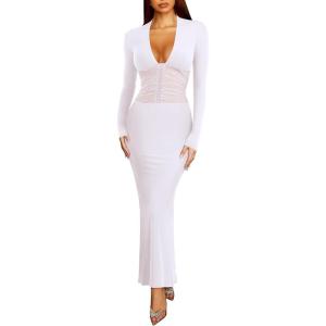 imageREORIA Womens Sexy Deep V Neck Long Sleeve Dress Mesh Sheer Ruched See Through Bodycon Maxi Long DressesBrilliant White