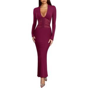 imageREORIA Womens Sexy Deep V Neck Long Sleeve Dress Mesh Sheer Ruched See Through Bodycon Maxi Long DressesCordovan