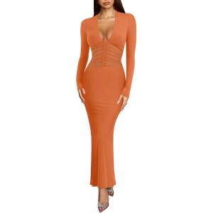 imageREORIA Womens Sexy Deep V Neck Long Sleeve Dress Mesh Sheer Ruched See Through Bodycon Maxi Long DressesHarvest Pumpkin