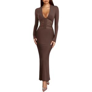 imageREORIA Womens Sexy Deep V Neck Long Sleeve Dress Mesh Sheer Ruched See Through Bodycon Maxi Long DressesShaved Chocolate