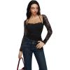 imageREORIA Womens Square Neck Bodysuits 2025 Halter Tie Lace Sheer Long Sleeve Y2K BodysuitsBlack Onyx