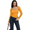 imageREORIA Womens Square Neck Bodysuits 2025 Halter Tie Lace Sheer Long Sleeve Y2K BodysuitsBright Yellow