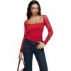 imageREORIA Womens Square Neck Bodysuits 2025 Halter Tie Lace Sheer Long Sleeve Y2K BodysuitsRibbon Red