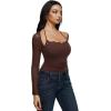 imageREORIA Womens Square Neck Bodysuits 2025 Halter Tie Lace Sheer Long Sleeve Y2K BodysuitsShaved Chocolate