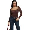 imageREORIA Womens Square Neck Bodysuits 2025 Halter Tie Lace Sheer Long Sleeve Y2K BodysuitsShaved Chocolate