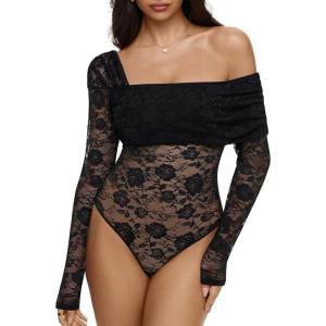 imageREORIA Sexy Lace Bodysuit One Shoulder Bodysuit Long Sleeve Bodysuits for Women Going Out Y2K Clothes 2025Black Onyx