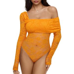 imageREORIA Sexy Lace Bodysuit One Shoulder Bodysuit Long Sleeve Bodysuits for Women Going Out Y2K Clothes 2025Bright Yellow