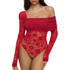 imageREORIA Sexy Lace Bodysuit One Shoulder Bodysuit Long Sleeve Bodysuits for Women Going Out Y2K Clothes 2025Ribbon Red