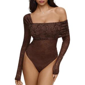 imageREORIA Sexy Lace Bodysuit One Shoulder Bodysuit Long Sleeve Bodysuits for Women Going Out Y2K Clothes 2025Shaved Chocolate