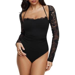 imageREORIA Womens Square Neck Bodysuits 2025 Halter Tie Lace Sheer Long Sleeve Y2K BodysuitsBlack Onyx
