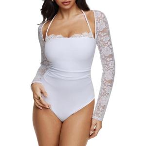 imageREORIA Womens Square Neck Bodysuits 2025 Halter Tie Lace Sheer Long Sleeve Y2K BodysuitsBright White