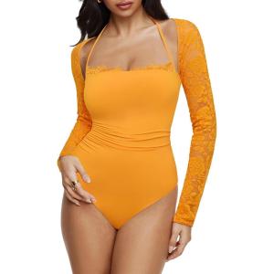 imageREORIA Womens Square Neck Bodysuits 2025 Halter Tie Lace Sheer Long Sleeve Y2K BodysuitsBright Yellow