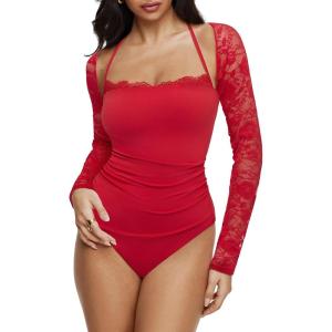 imageREORIA Womens Square Neck Bodysuits 2025 Halter Tie Lace Sheer Long Sleeve Y2K BodysuitsRibbon Red