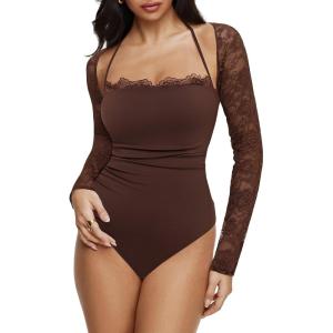 imageREORIA Womens Square Neck Bodysuits 2025 Halter Tie Lace Sheer Long Sleeve Y2K BodysuitsShaved Chocolate