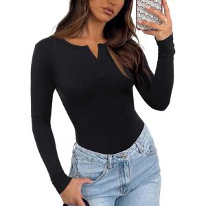 imageREORIA Womens V Neck Henley Bodysuit Wool Blend Long Sleeve Bodysuits Button Down Double Lined Tops Fall Outfits 2025Black Onyx