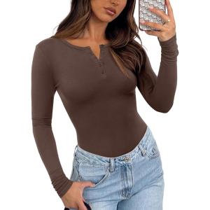 imageREORIA Womens V Neck Henley Bodysuit Wool Blend Long Sleeve Bodysuits Button Down Double Lined Tops Fall Outfits 2025Shaved Chocolate