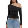 imageREORIA Womens 2025 Fall Fashion Long Sleeve Shirts Double Lined Casual Slim Fitted Off The Shoulder TopsBlack