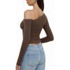 imageREORIA Womens 2025 Fall Fashion Long Sleeve Shirts Double Lined Casual Slim Fitted Off The Shoulder TopsBrown