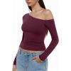 imageREORIA Womens 2025 Fall Fashion Long Sleeve Shirts Double Lined Casual Slim Fitted Off The Shoulder TopsBurgundy