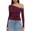 imageREORIA Womens 2025 Fall Fashion Long Sleeve Shirts Double Lined Casual Slim Fitted Off The Shoulder TopsBurgundy