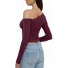imageREORIA Womens 2025 Fall Fashion Long Sleeve Shirts Double Lined Casual Slim Fitted Off The Shoulder TopsBurgundy