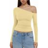 imageREORIA Womens 2025 Fall Fashion Long Sleeve Shirts Double Lined Casual Slim Fitted Off The Shoulder TopsButter Yellow