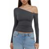 imageREORIA Womens 2025 Fall Fashion Long Sleeve Shirts Double Lined Casual Slim Fitted Off The Shoulder TopsGray
