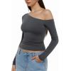 imageREORIA Womens 2025 Fall Fashion Long Sleeve Shirts Double Lined Casual Slim Fitted Off The Shoulder TopsGray