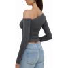 imageREORIA Womens 2025 Fall Fashion Long Sleeve Shirts Double Lined Casual Slim Fitted Off The Shoulder TopsGray