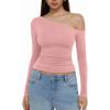 imageREORIA Womens 2025 Fall Fashion Long Sleeve Shirts Double Lined Casual Slim Fitted Off The Shoulder TopsPink