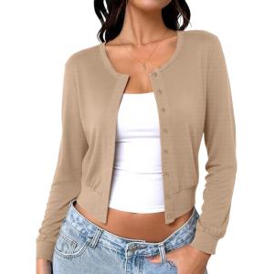 imageREORIA Womens 2025 Fall Fashion Lightweight Long Sleeve Button Down Casual Wool Blend Cardigan SweatersApricot