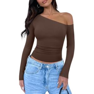 imageREORIA Womens 2025 Fall Fashion Long Sleeve Shirts Double Lined Casual Slim Fitted Off The Shoulder TopsBrown
