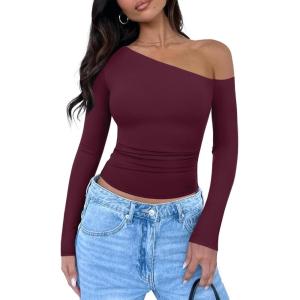 imageREORIA Womens 2025 Fall Fashion Long Sleeve Shirts Double Lined Casual Slim Fitted Off The Shoulder TopsBurgundy