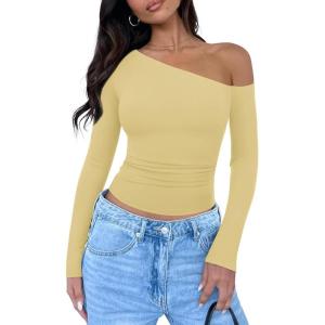 imageREORIA Womens 2025 Fall Fashion Long Sleeve Shirts Double Lined Casual Slim Fitted Off The Shoulder TopsButter Yellow