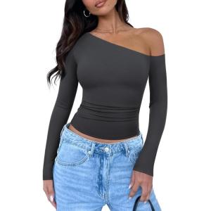 imageREORIA Womens 2025 Fall Fashion Long Sleeve Shirts Double Lined Casual Slim Fitted Off The Shoulder TopsGray