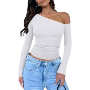 imageREORIA Womens 2025 Fall Fashion Long Sleeve Shirts Double Lined Casual Slim Fitted Off The Shoulder TopsWhite