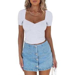 imageREORIA Womens Cute Ruched Sweetheart Neck Short Sleeve Going Out Y2K Trendy T Shirts Crop Tops Tees
