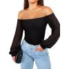 imageREORIA Womens Off The Shoulder Sheer Mesh Puff Long Sleeve Thong Bodysuit TopsBlack