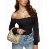 imageREORIA Womens Off The Shoulder Sheer Mesh Puff Long Sleeve Thong Bodysuit TopsBlack