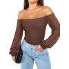 imageREORIA Womens Off The Shoulder Sheer Mesh Puff Long Sleeve Thong Bodysuit TopsCoffee