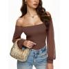 imageREORIA Womens Off The Shoulder Sheer Mesh Puff Long Sleeve Thong Bodysuit TopsCoffee