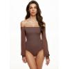 imageREORIA Womens Off The Shoulder Sheer Mesh Puff Long Sleeve Thong Bodysuit TopsCoffee