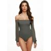 imageREORIA Womens Off The Shoulder Sheer Mesh Puff Long Sleeve Thong Bodysuit TopsGarden Green