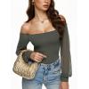 imageREORIA Womens Off The Shoulder Sheer Mesh Puff Long Sleeve Thong Bodysuit TopsGarden Green