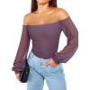 imageREORIA Womens Off The Shoulder Sheer Mesh Puff Long Sleeve Thong Bodysuit TopsGray Purple
