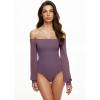 imageREORIA Womens Off The Shoulder Sheer Mesh Puff Long Sleeve Thong Bodysuit TopsGray Purple