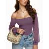 imageREORIA Womens Off The Shoulder Sheer Mesh Puff Long Sleeve Thong Bodysuit TopsGray Purple