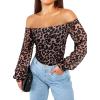 imageREORIA Womens Off The Shoulder Sheer Mesh Puff Long Sleeve Thong Bodysuit TopsLeopard Print