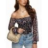imageREORIA Womens Off The Shoulder Sheer Mesh Puff Long Sleeve Thong Bodysuit TopsLeopard Print