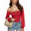 imageREORIA Womens Off The Shoulder Sheer Mesh Puff Long Sleeve Thong Bodysuit TopsTomato